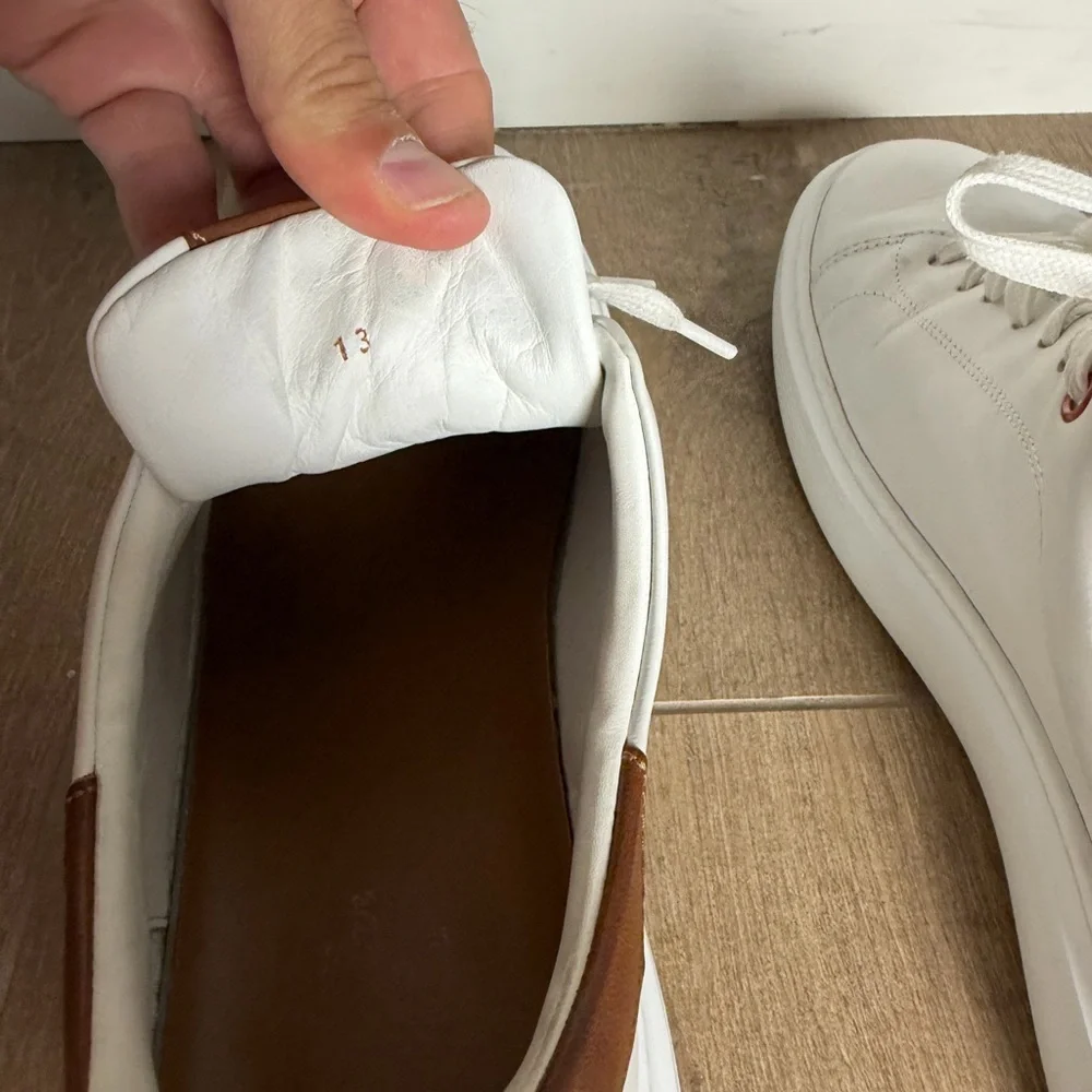 White Leather Low-Top Sneakers with Brown Leather Accents - Picture 9 of 11